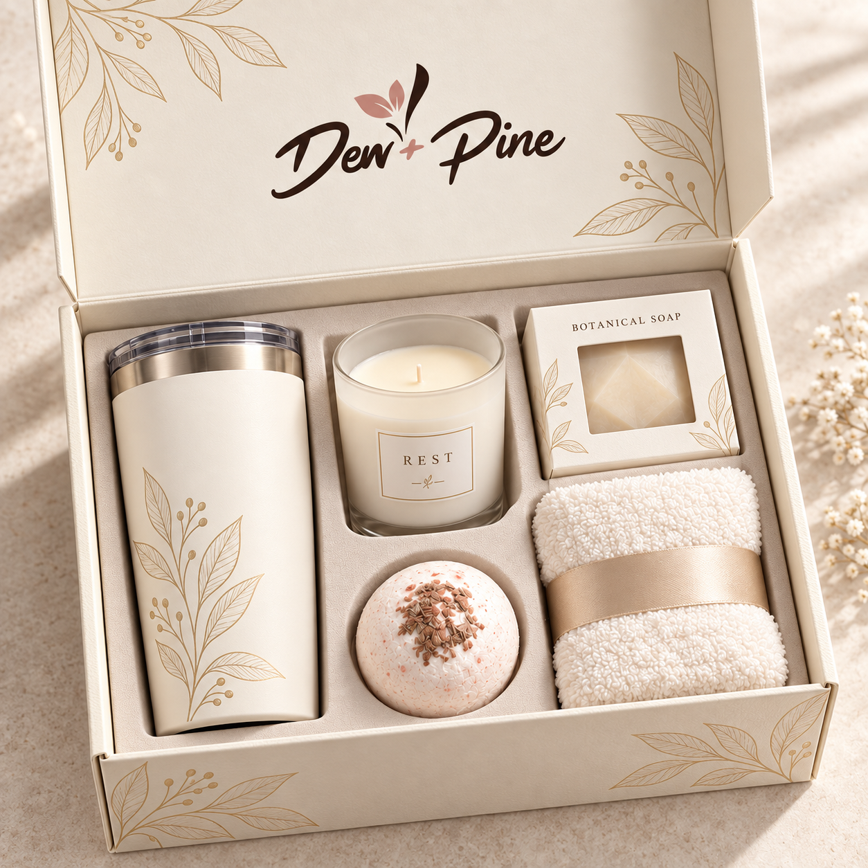 Dew and Pine luxury ivory self-care gift collection